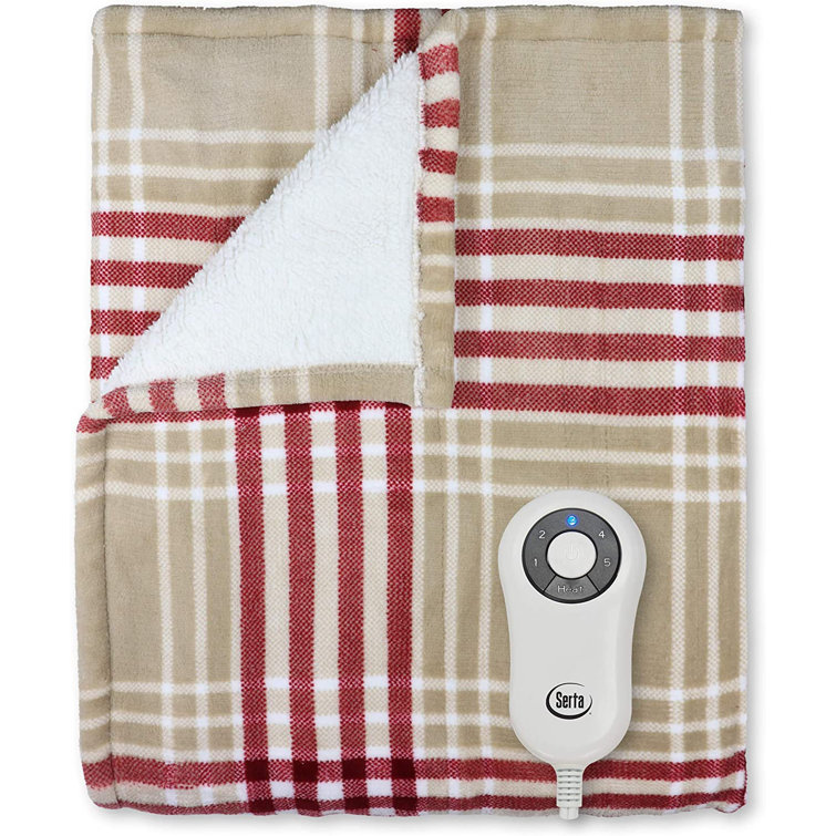 Serta Microplush Sherpa Electric Heated Warming Throw Blanket Red Plaid